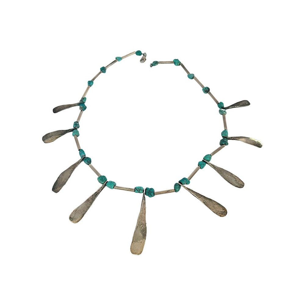 Sterling Silver Turquoise Bead Hammered Dangle Necklace #11698